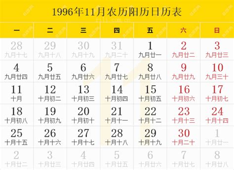 1996天干地支|1996年阴历阳历对照表，1996年农历阳历表带天干地支，1996万。